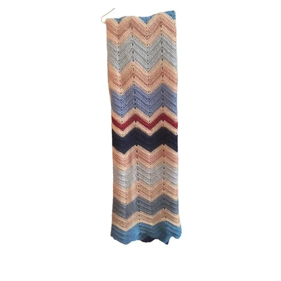 Vintage Crochet Afghan Blanket Chevron Zigzag Blues/pinks/ Tan96‎ X78