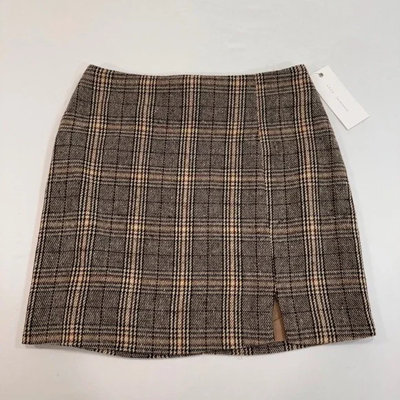 Lush Plaid Mini Skirt Women‎ Size S Brown Tan Front Slit NWT | Dark Academia
