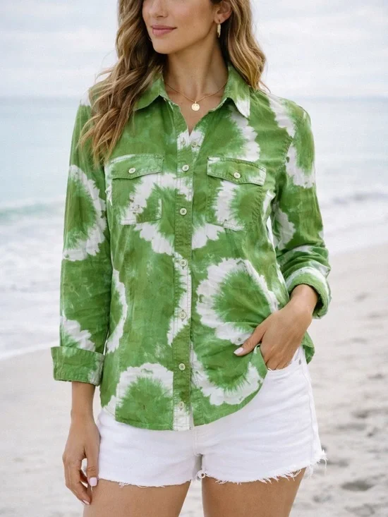 Michael Kors Green Tie Dye Button Down Shirt Lightweight Casual Resort Top‎ S