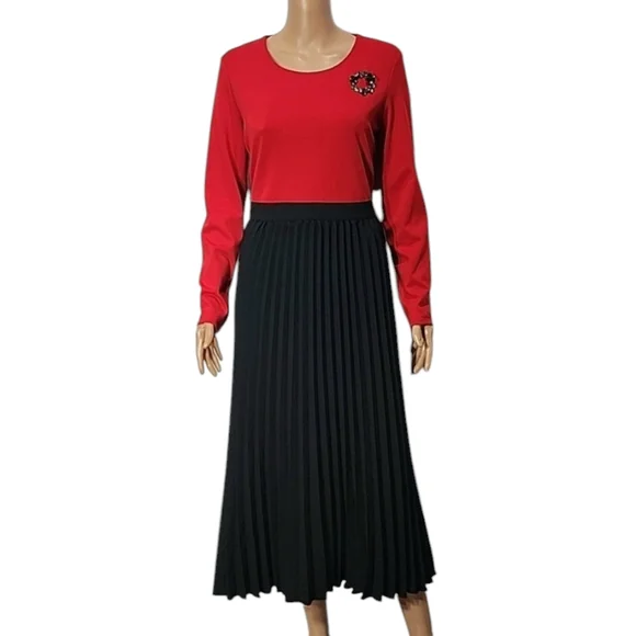 Leslie‎ Fay long Sleeve Pleated Midi Dress Red And Black Size 12 NWT