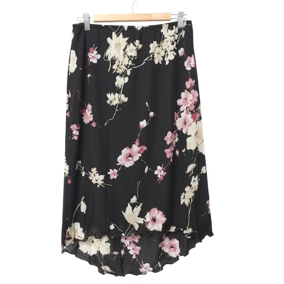 Vintage Y2K Floral Mesh High Low Midi Skirt Black Pink Large Whimsy Romantic USA