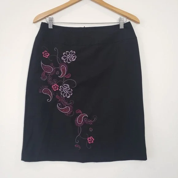 Y2K Worthington Stretch Black Midi Skirt Floral Paisley Embroidery Size‎ 10 Work