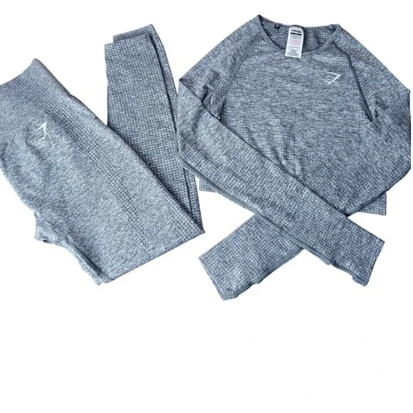 Gymshark Vital Seamless 2.0 Set Grey Marl Long‎ Sleeve Crop Top Leggings Medium