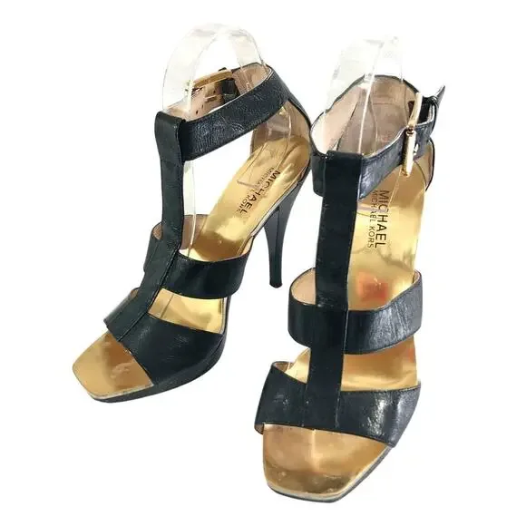 MICHAEL KORS! RICH BLACK GENUINE LEATHER, HARNESS FRONT/BUCKLE HEELS! SZ 6.5M