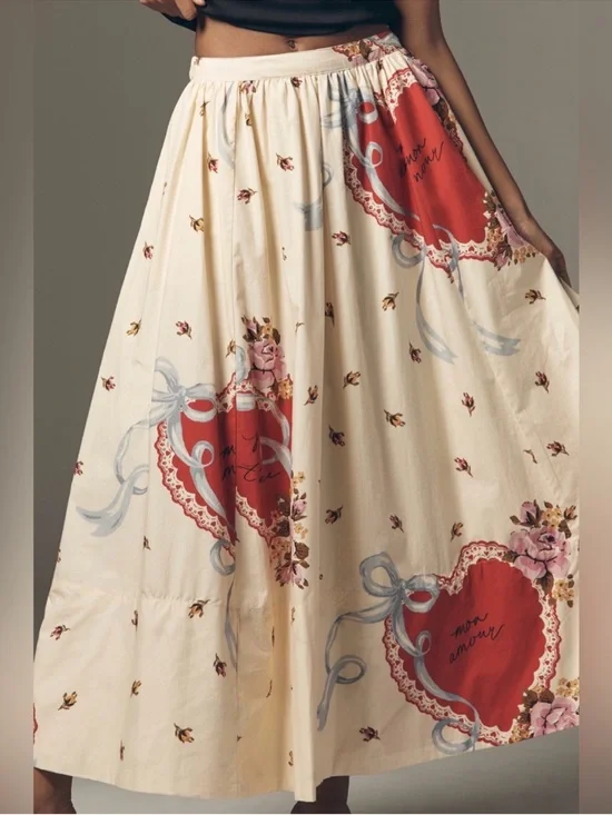 Maeve Cream Maxi Skirt with Red Heart & Blue Ribbon Print small petite