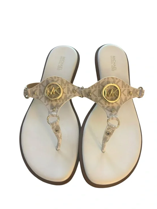 Michael Kors Signature Logo T-Strap Sandals Featuring The Iconic MK Logo  In Gol