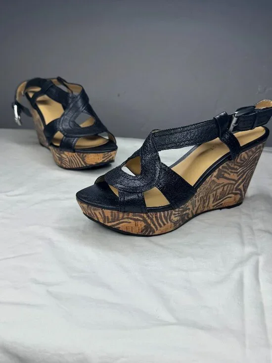 Nine West ELENAO Leather Slingback Wedge Sandals Women's Size 6 Black Woodgrain