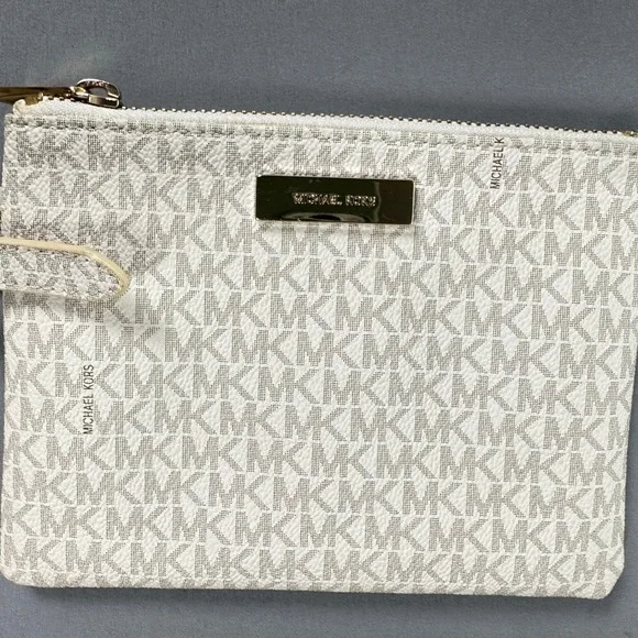 Michael Kors MK Signature Logo Belt Bag White Tan Gold Hardware Size M 554562
