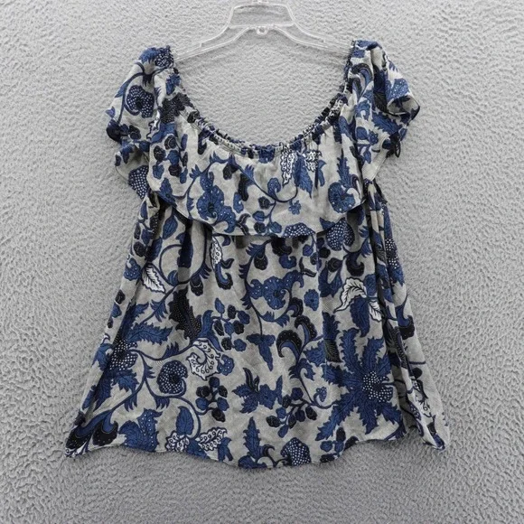 Michael Kors Blouse Size 2X Blue Floral Womens Ruffle‎ Off Shoulder Peasant Top