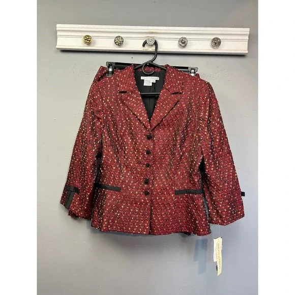 Maggy London Skirt Suit Womens 10 Wine Red Textured Eyelash Fringe‎ Bow Set NEW