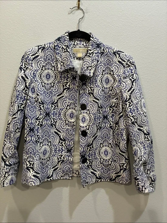 Michael Kors Navy and White Printed Button Jacket
