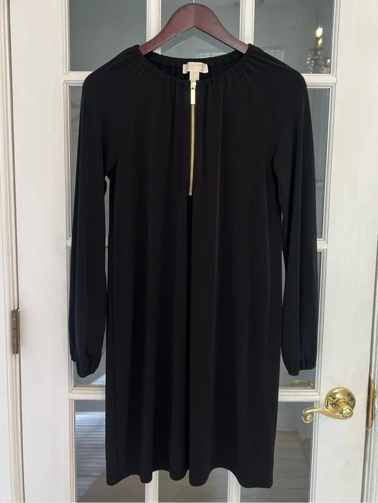 MICHAEL KORS Women’s Black Elastic Neckline Gold Zipper Long Sleeve Dress Size M