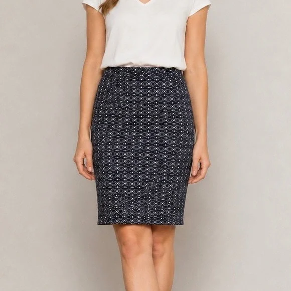 Women's Navy White Geometric Print Pull On Pencil Skirt Back Slit Stretch Career