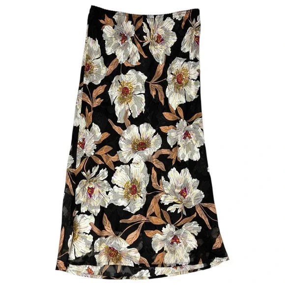 BOG Collective Black Floral Midi Skirt Large‎ Floral Boho Skirt M NWT