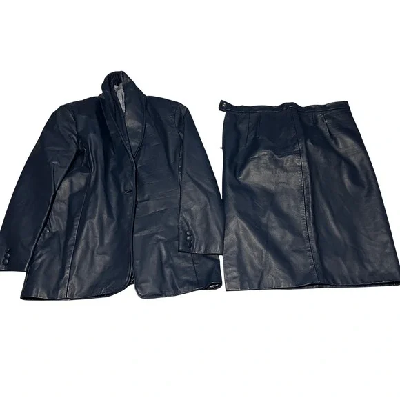 Navy Gray Blue Leather‎ Blazer Jacket and Skirt Set Two Piece Outfit