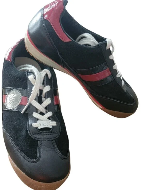 Michael Kors Vintage Black Suede Low Top Lace Up Leather Sneakers Red Trim