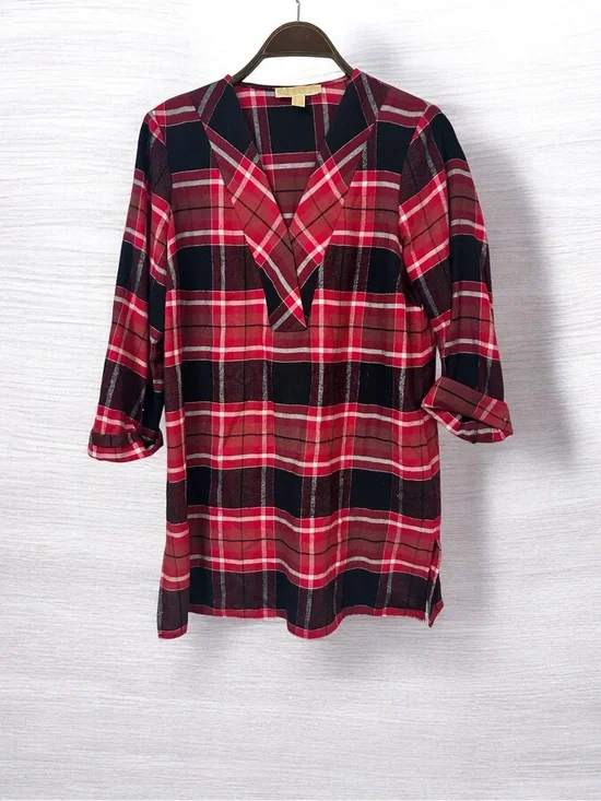Michael Kors Red and Black Plaid V-Neck Tunic