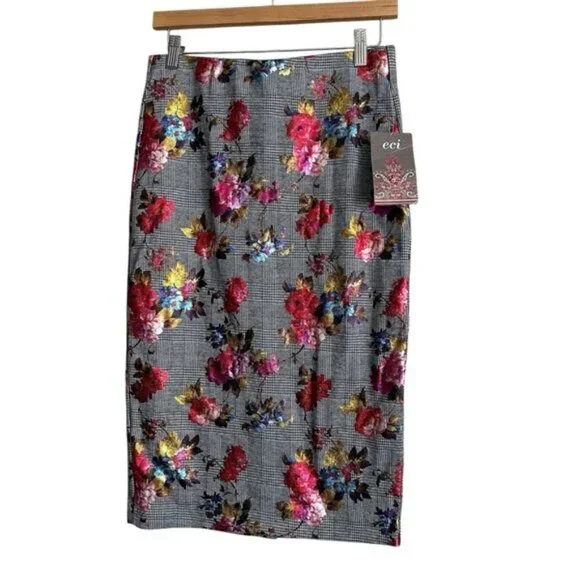 ECI Women's Floral Pencil Skirt - Gray and Red Steampunk