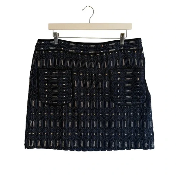 Ann Taylor LOFT Mini Skirt Embroidered Sequin 14 Navy Blue Womens Boho Party‎