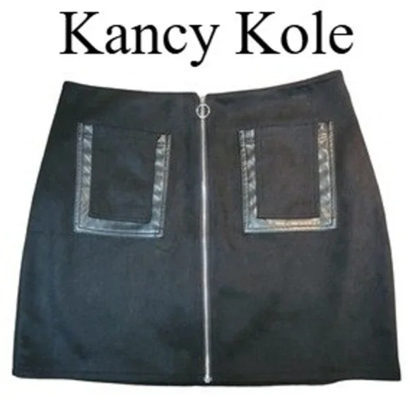 Kancy Kole Black Faux Suede‎ Mini Skirt Front Zip Faux Leather Trim Pockets XL
