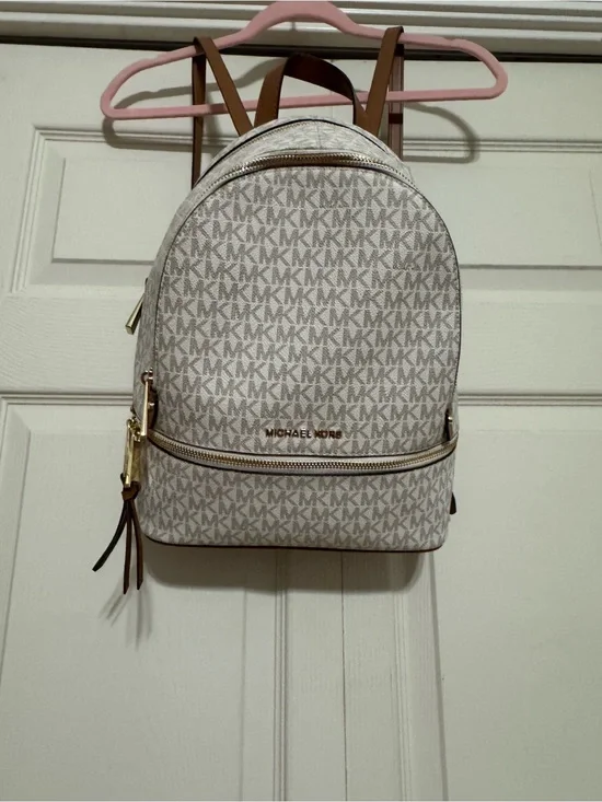 Michael Kors Cream MK Logo Mini Backpack with Brown Trim and Gold Hardware