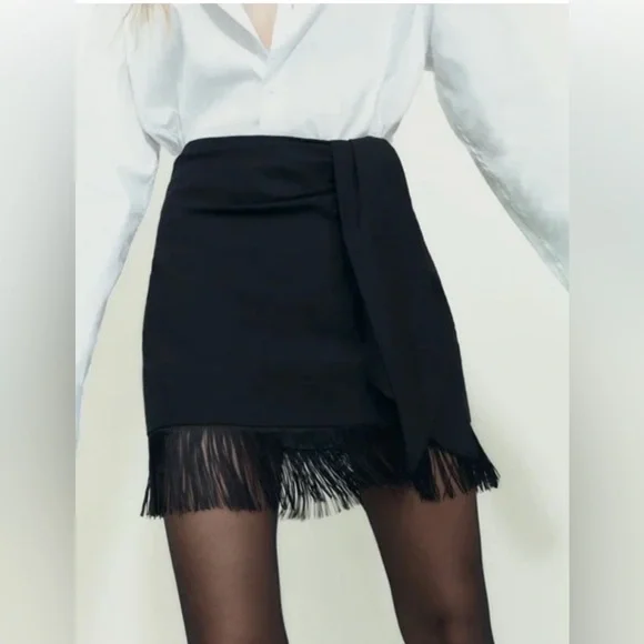 Zara Elegant Black Fringe Mini Skirt