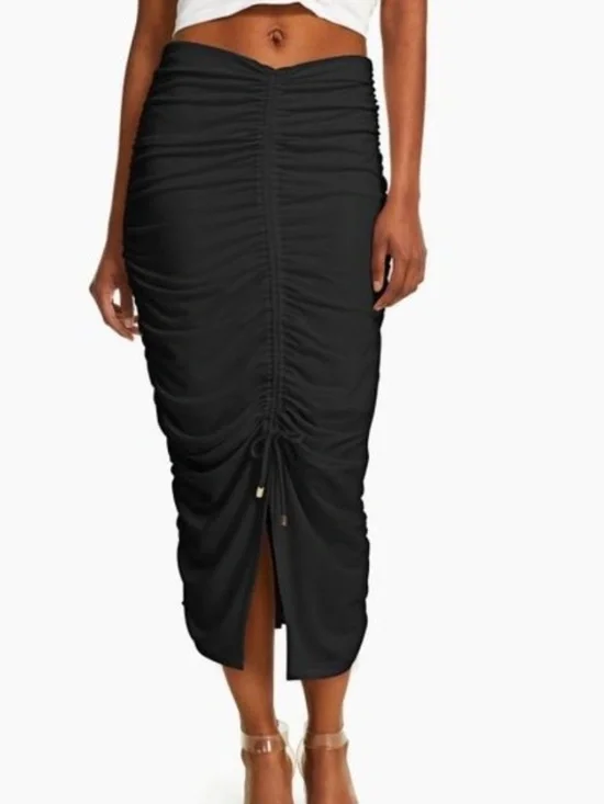 INC Black Ruched Drawstring Front-Slit Bodycon Midi Skirt XL
