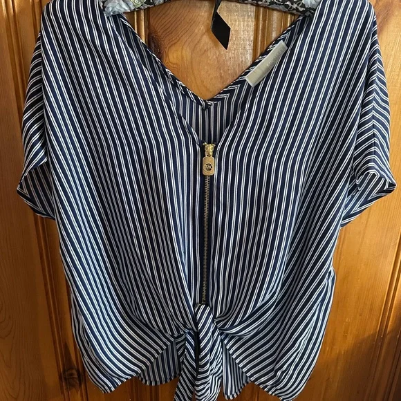 Michael Kors Navy and White Striped Zip-Front Tie Hem Blouse
