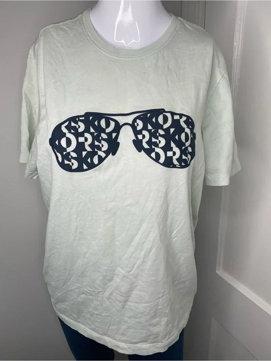 Michael Kors Unisex Mint Green Blue Tee with Navy Sunglasses Graphic Flawed