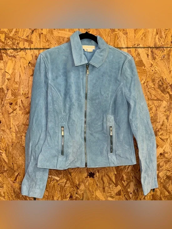 Michael Kors Blue Suede Leather Moto Jacket Italy Made Biker Chic Streetwear 8