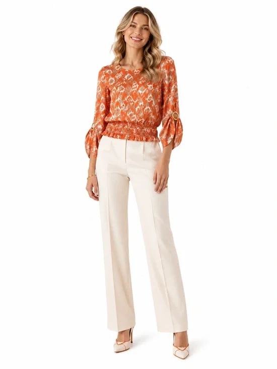 Michael Kors Orange Patterned Long-Sleeve Smocked Blouse