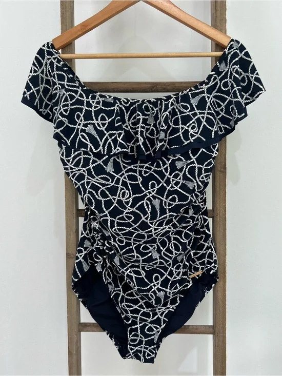 Michael Kors Nautical Twisted Rope Off The Shoulder One Piece Swimsuit Size 14