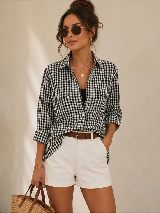 Michael Kors Black White Gingham Button Down Shirt 100% Cotton Sz Medium