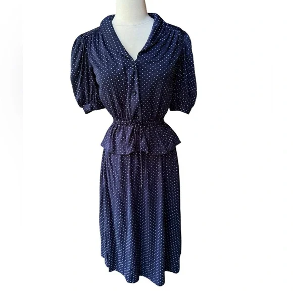 Deadstock 1970s Nando Jones 2-Piece Polka Dot, Poly, Button Down Tie Top Skirt S
