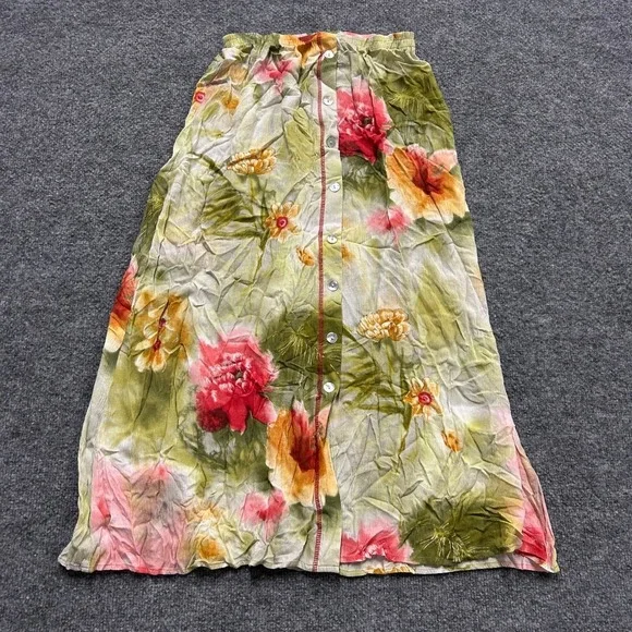 Unbranded Maxi Skirt Womens Size L Floral Green Red Button Front Elastic Waist