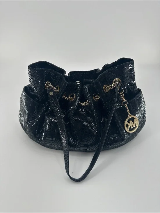 Michael Kors Black Patent Snakeskin-Textured Drawstring Shoulder Bag