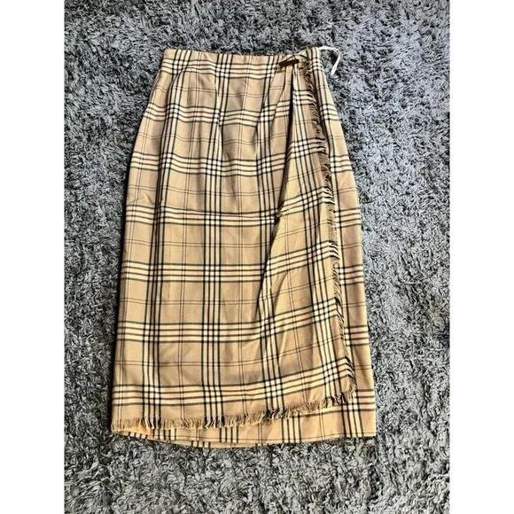 VTG Liz Claiborne Tartan Wrap Midi Skirt Fringe Academia Cottagecore Sz 14 30x34