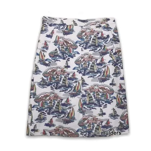 Nine West Sweet Escape Havana Nautical Sailboat Beach Print Linen Blend Skirt