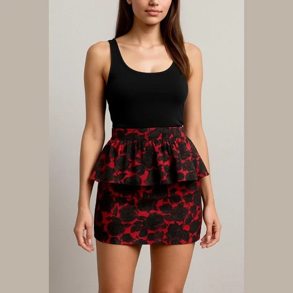 Vintage F21 Red Black Floral Ruffle Mini Skirt Size M Y2K Emo Goth Grunge
