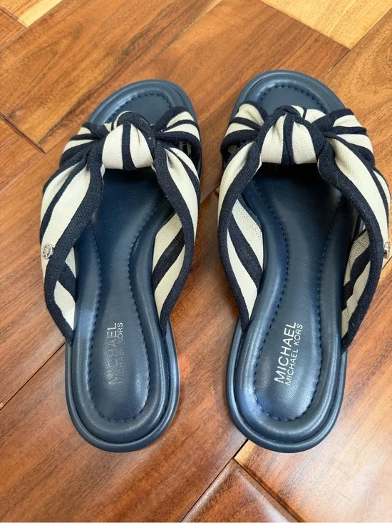 Michael Kors Navy and Cream Striped Knot Slide Sandals