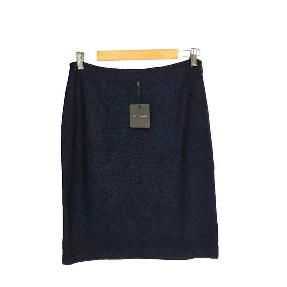 New St. John Metallic Navy Shimmer Santana Knit Pencil Skirt Knee Length Size 8