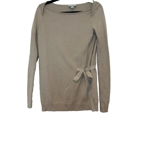 Loft sz M beige ribbed long sleeve elegant‎ sweater bow tie at waist #1896