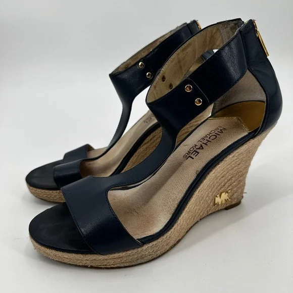 Michael Kors Damita Navy Blue Leather‎ Espadrille Wedge Sandals Gold Cruise Chic