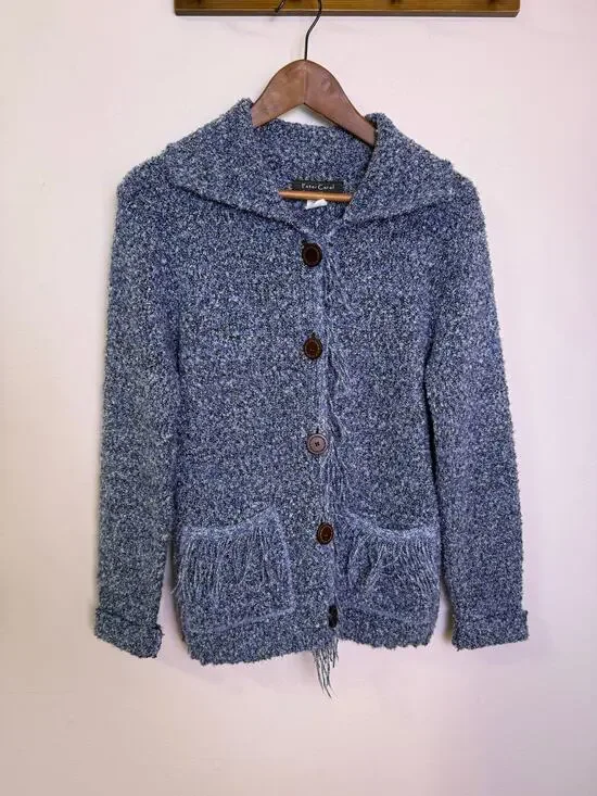 Vtg Peter Carol Blue Bouclé Knit Button Front Cardigan Sweater Small