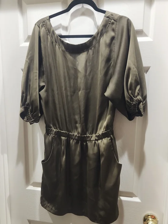 Michael Kors Olive Satin Short Dress with Puff Sleeves