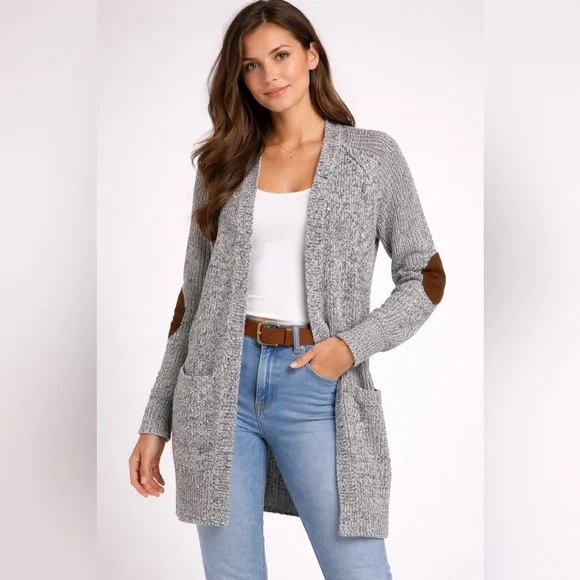 RDI‎ Long Open Cardigan Sweater Gray Knit Elbow Patch Cotton Blend women’s XS