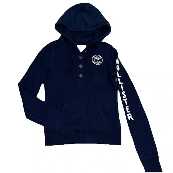 Vintage Hollister Henley Hooded Pullover Hoodie Navy Blue Womens XS Retro Y2K‎