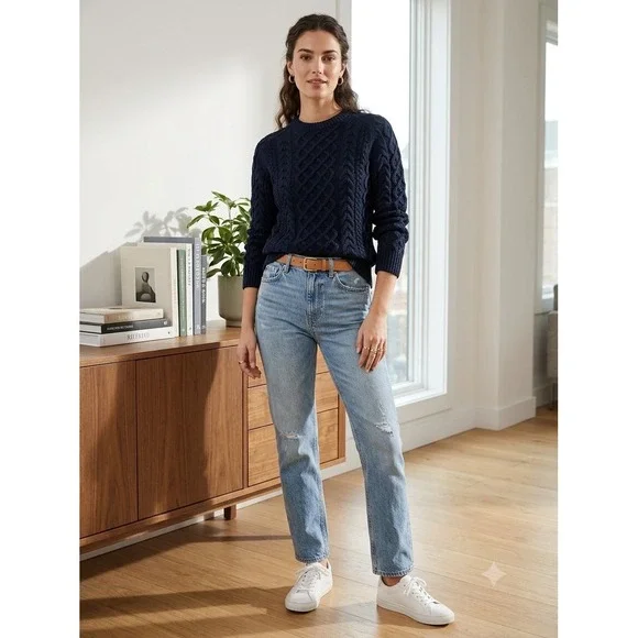 J.Crew Womens Navy Blue 100% Cotton Lattice Cable Knit Crew Neck Sweater Small
