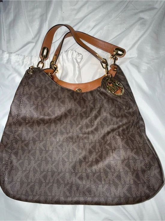 Michael Kors Brown Monogram Shoulder Tote with Tan Handles and Gold Hardware