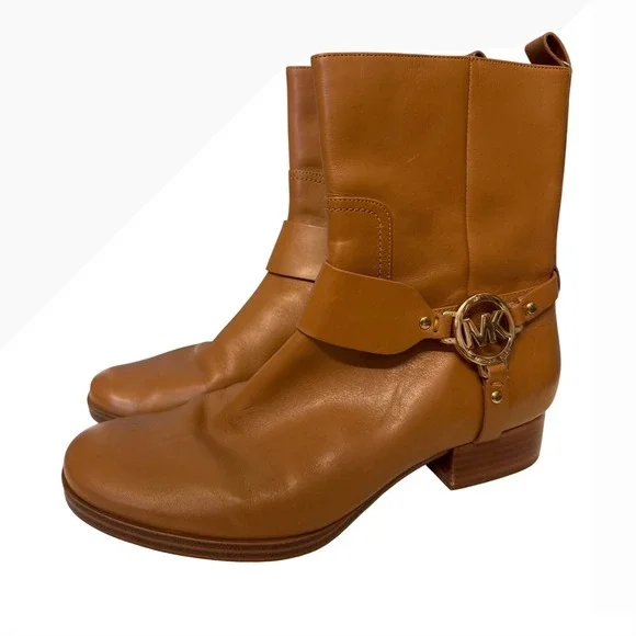 Michael Kors Tan Leather Mid-Calf Boots Gold‎ MK Logo Medallion Size 8.5M